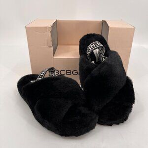 BCB Generation Soffi Faux Fur Slingback Slipper Size 6M Black Elastic Strap